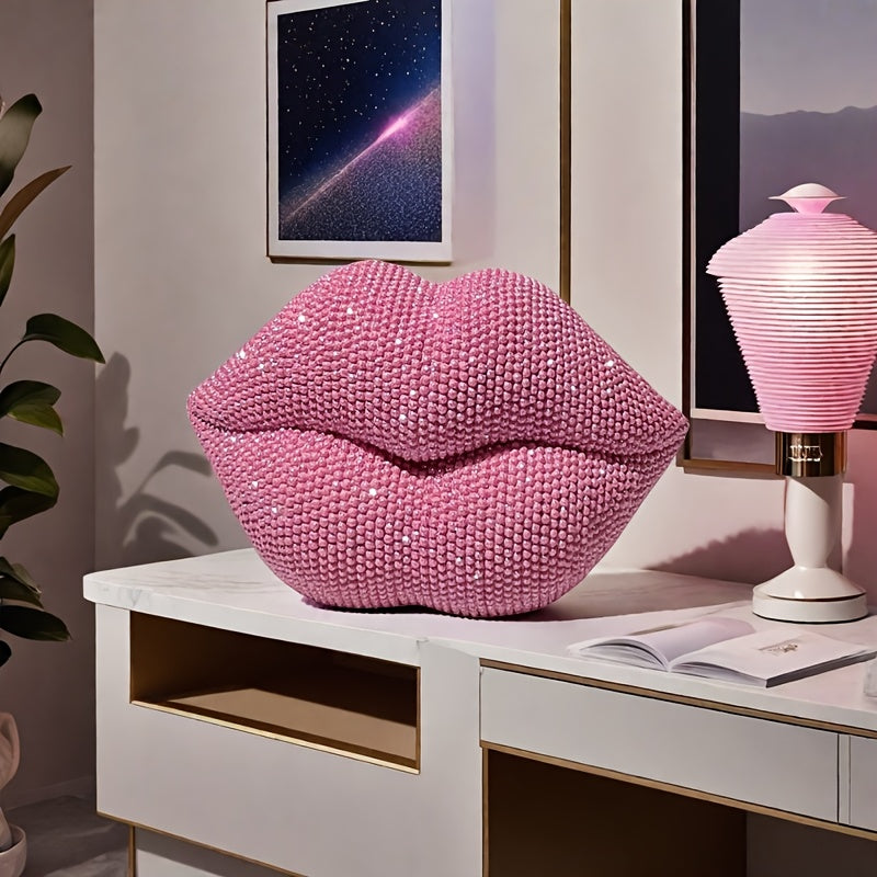 1pc Pink Beaded Lips Statue Decor – Resin Love-Themed Art for Home, Office, Bedroom, Bar, Hotel, Bathroom – Perfect for Weddings, Valentine’s Day, and Romantic Gifts, Indoor Decoration | Beaded Texture | Sleek Finish, P